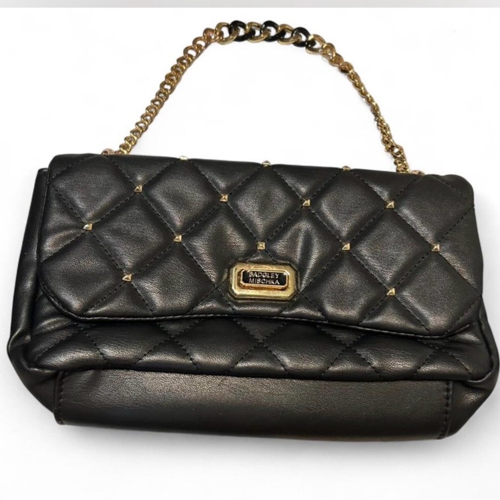 Badgley Mischka Black Quilted Clutch with Gold Accents